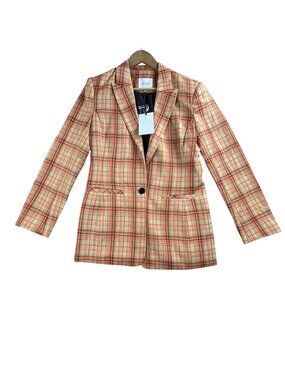 Grey Lab Blazer Jacket Womens Small Orange Plaid One Button Lined Workwear NWT